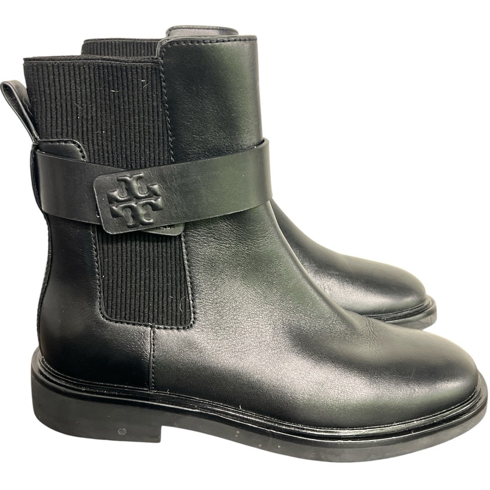 Tory Burch Double T Chelsea Boots Womens 8 Black Leather Ankle Pull On 8913